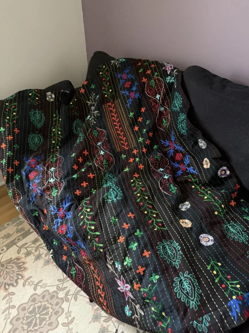 Anthopologie Indigo Moon Mulicolor Balochi Stitch Embroidered Throw Blanket Boho